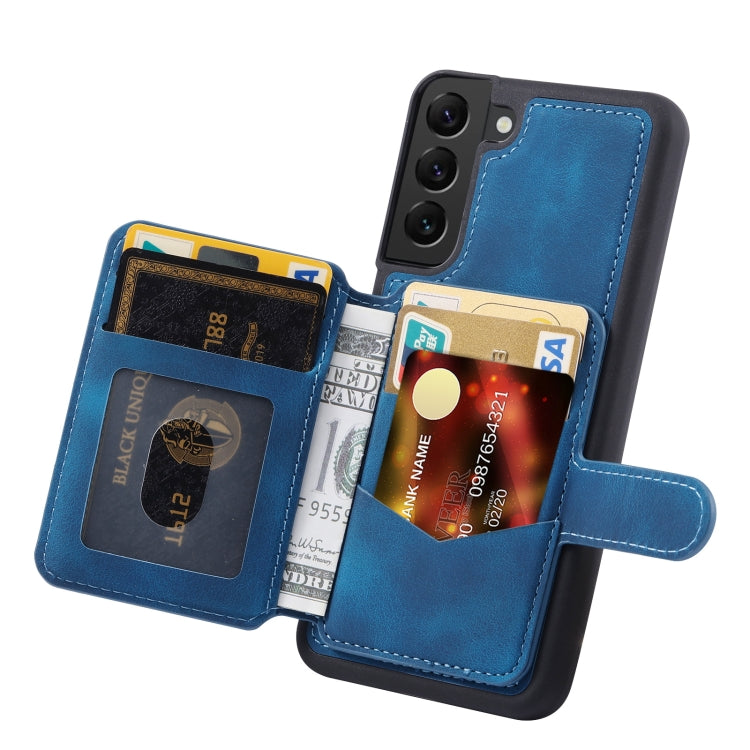 Para Samsung Galaxy S22 + 5G Skin Feel Dream Cepillo antirrobo a prueba de golpes Funda portátil para tarjeta de piel Funda para teléfono (Azul pavo real)