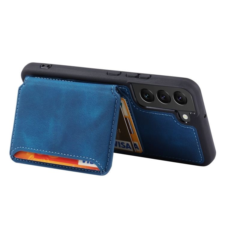 Para Samsung Galaxy S22 + 5G Skin Feel Dream Cepillo antirrobo a prueba de golpes Funda portátil para tarjeta de piel Funda para teléfono (Azul pavo real)