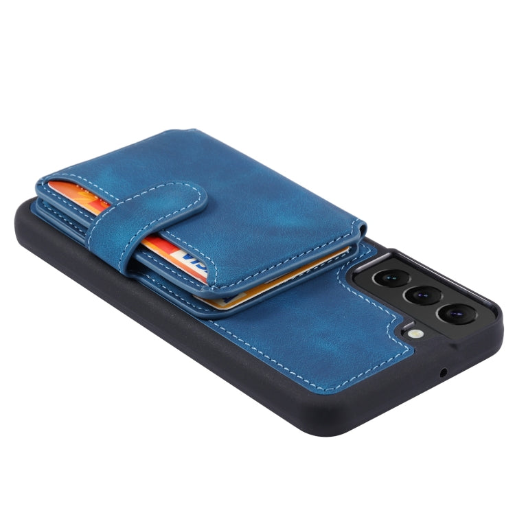 Para Samsung Galaxy S22 + 5G Skin Feel Dream Cepillo antirrobo a prueba de golpes Funda portátil para tarjeta de piel Funda para teléfono (Azul pavo real)
