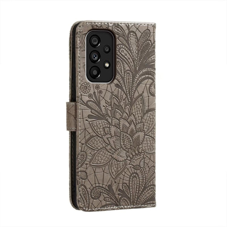 Para Samsung Galaxy A54 5G Lace Flower Relieve Flip Funda de cuero para teléfono (Gris)