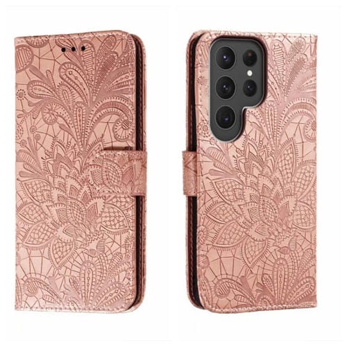 Para Samsung Galaxy S23 Ultra 5G Flor de encaje en relieve Flip Funda de cuero para teléfono (Oro rosa)