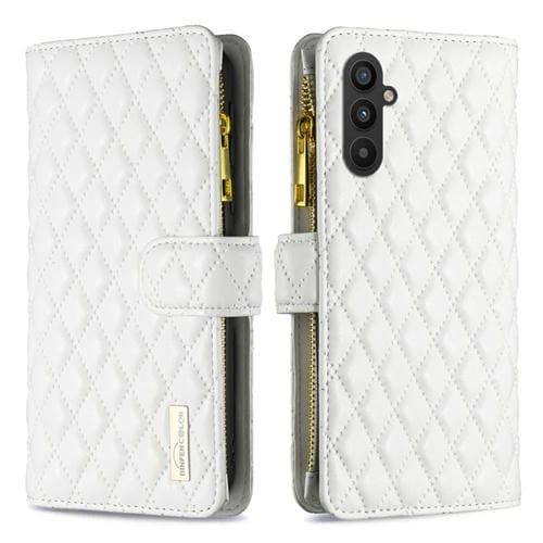 Para Samsung Galaxy A24 4G Diamond Lattice Zipper Wallet Funda de cuero con tapa para teléfono (Blanco)