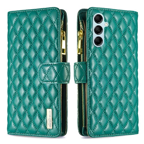 Para Samsung Galaxy M14 5G Diamond Lattice Zipper Wallet Funda de cuero con tapa para teléfono (Verde)