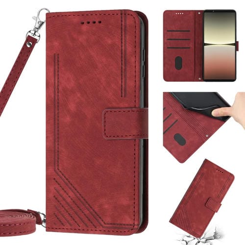 Funda de Cuero para Sony Xperia Ace Iii con Cordón y Patrón Rayas (Rojo)