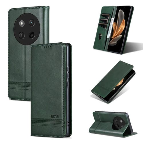 Funda de Cuero Azns con Tapa Magnética y Textura de Piel de Becerro para Honor X60 Pro (Verde Oscuro)