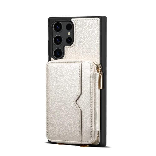 Para Samsung Galaxy S23 Ultra 5G Estuche para teléfono con ranura para tarjeta con cremallera (Blanco)
