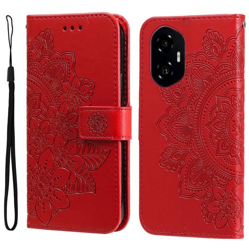 Funda de Cuero con Relieve Flores Siete Pétalos para Teléfono For Honor 300 (Rojo)