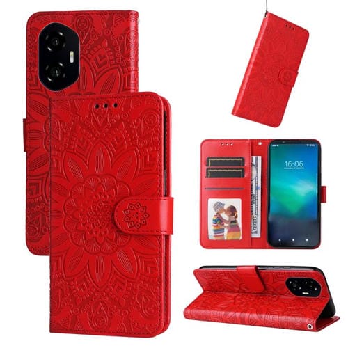 Funda de Cuero Honor 300 con Estampado de Girasoles en Relieve (Rojo)