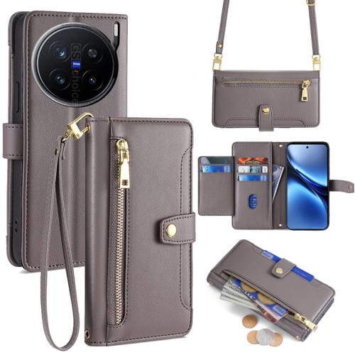 Funda de Cuero Tipo Cartera con Cremallera y Textura de Oveja para Vivo X200 Pro 5G (Gris)