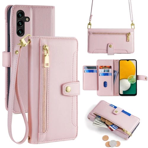 Funda para Samsung Galaxy A13 5G Cuero con Billetera, Cremallera y Cuerpo Cruzado (Rosa)