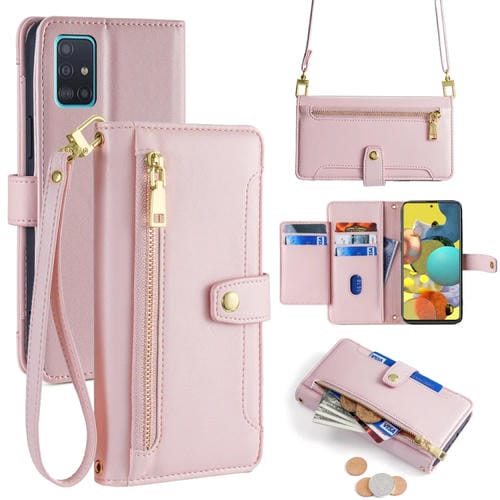 Funda para Samsung Galaxy A51 4G Lite Cuero Billetera Cremallera Cuerpo Cruzado Textura Oveja (Rosa)