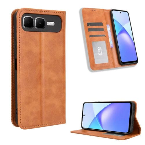 Funda de cuero con textura retro y hebilla magnética para Infinix Smart 10 Plus 4G (marrón)