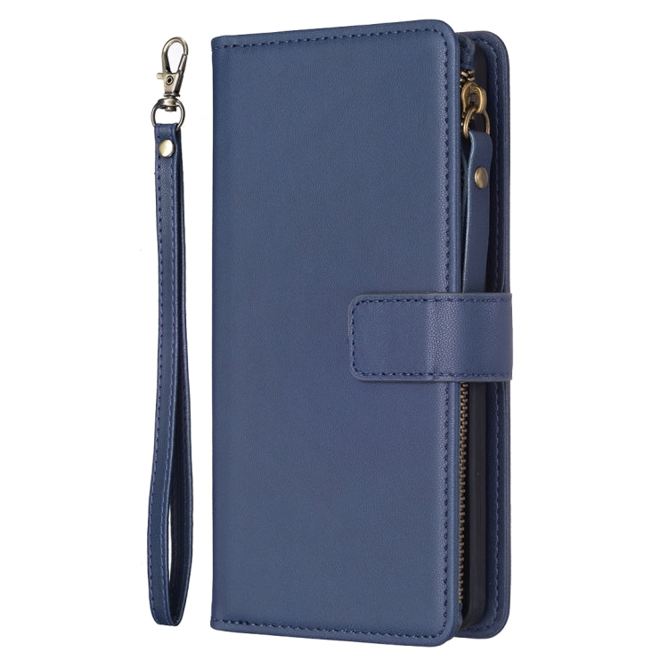 Para Samsung Galaxy S20 FE 9 Ranuras para tarjetas Cremallera Cartera Funda de cuero con tapa para teléfono (Azul)