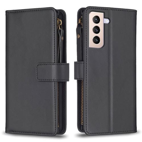 Para Samsung Galaxy S21+ 5G 9 Ranuras para tarjetas Cremallera Cartera Funda de cuero con tapa para teléfono (Negro)