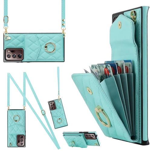 Funda para Teléfono Samsung Galaxy Note20 Ultra Rhombic Texture Card Bag con Cordón Largo (Verde Menta)