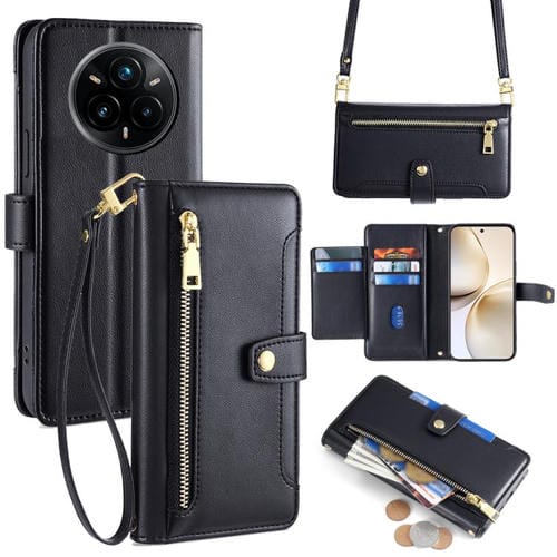 Funda de Cuero Tipo Cartera con Cremallera y Textura de Oveja para Realme 14 Pro 5G (Negro)