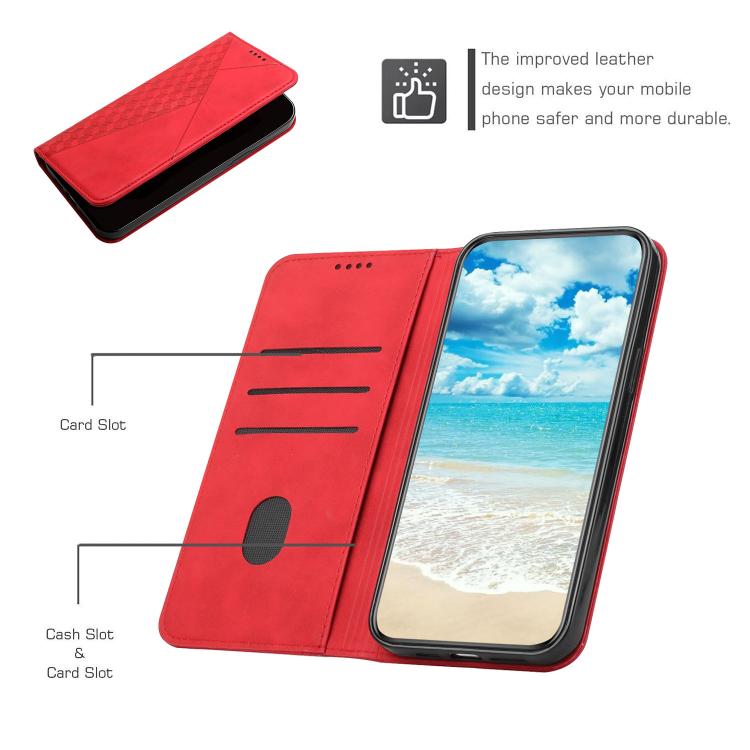 Funda de Cuero Magnética con Textura de Diamante para Realme 14 Pro (Roja)