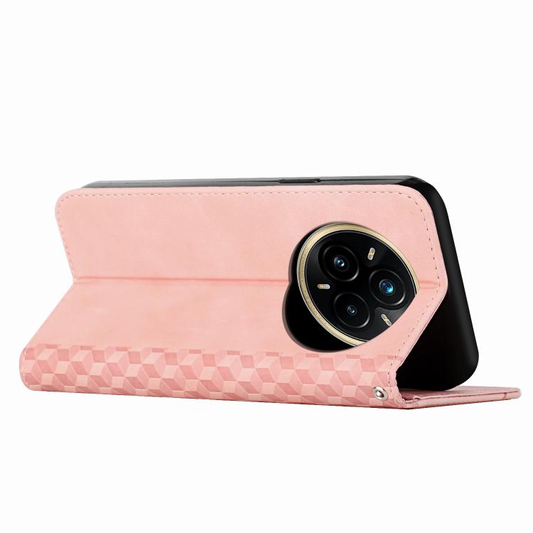Funda de Cuero Magnética con Textura de Diamante para Realme 14 Pro (Oro Rosa)