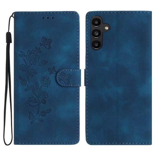 Funda de Cuero Samsung Galaxy A35 5G Estampado Mariposa y Flor (Azul)