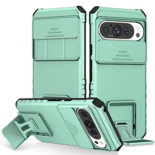 Funda para Teléfono con Soporte Estereoscópico Deslizante Camshield para Google Pixel 9 Pro (Verde Claro)