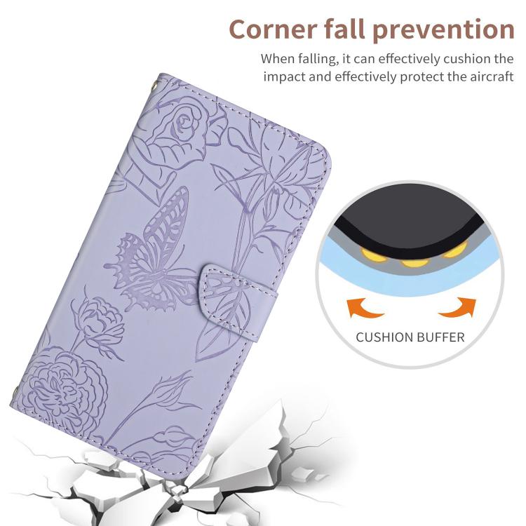 Funda de Piel con Relieve Peonía y Mariposa para OnePlus 13R (Morado)