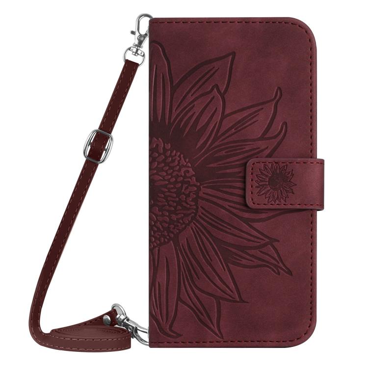 Funda de Piel con Relieve de Girasol para OnePlus 13R (Rojo Vino) Tacto Suave