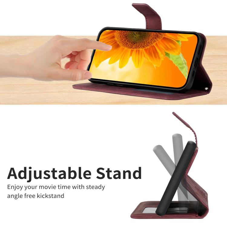 Funda de Piel con Relieve de Girasol para OnePlus 13R (Rojo Vino) Tacto Suave