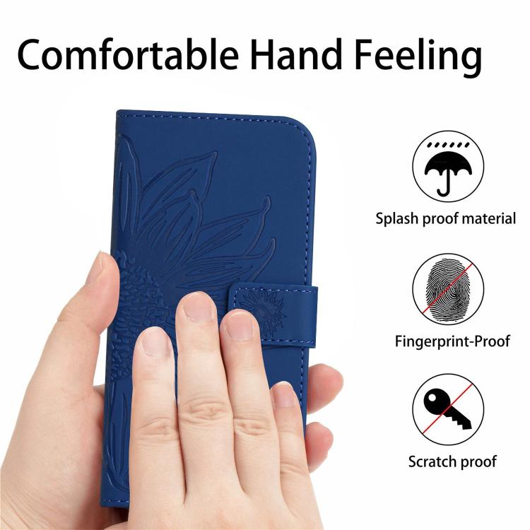 Funda de Piel con Relieve de Girasol para OnePlus 13R (Azul Oscuro)