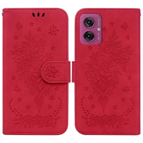 Funda de Cuero con Relieve Mariposa y Rosa para Motorola Moto G55 (Rojo)