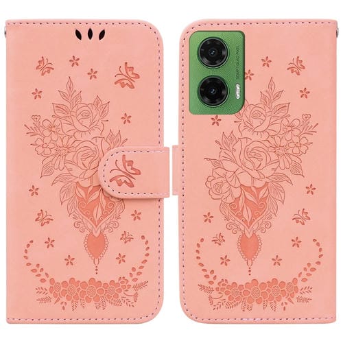 Funda de Cuero con Relieve Mariposa y Rosa para Motorola Moto G35 (Rosa)