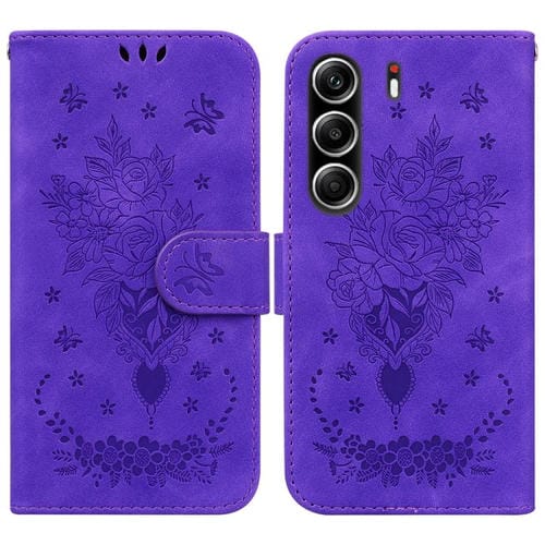 Funda de cuero con relieve de mariposa y rosa para Tecno Camon 40 Pro 4G (morado)