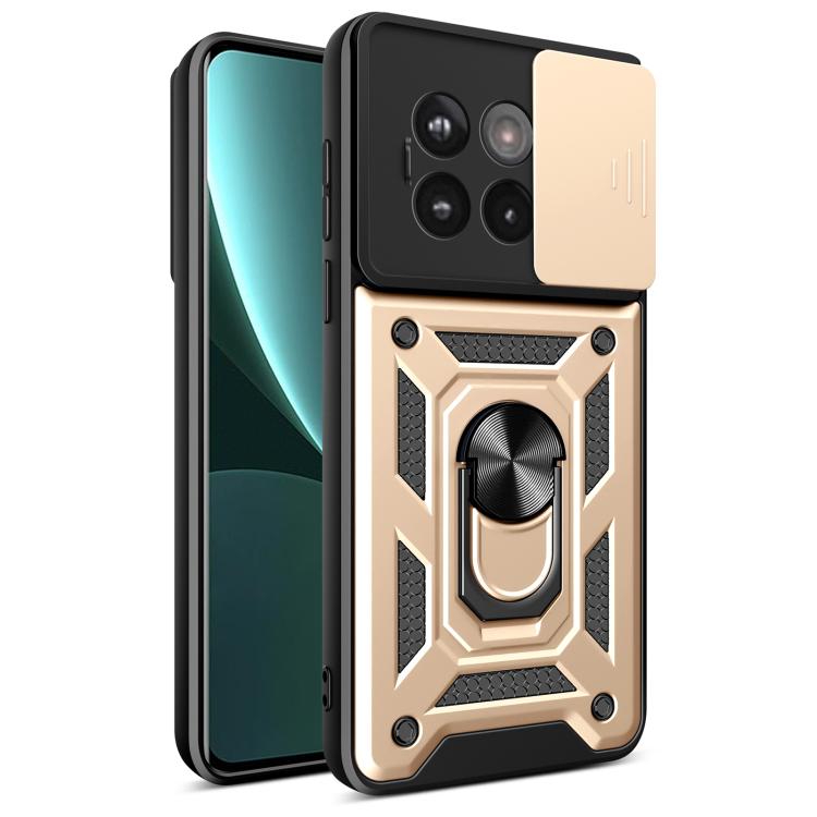 Funda híbrida TPU y PC con cubierta deslizante para cámara OnePlus 13R 5G (Dorada)