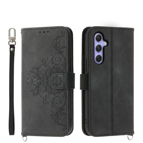 Funda para Teléfono Samsung Galaxy A55 Cuero con Billetera en Relieve y Flores (Negro)