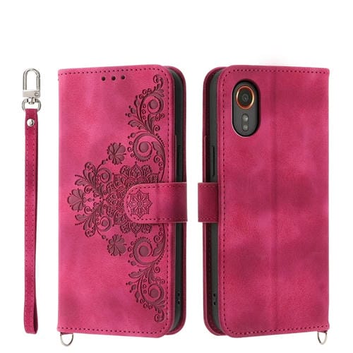Funda para Teléfono Samsung Galaxy Xcover 7 Cuero con Billetera En Relieve y Flores (Rojo Vino)