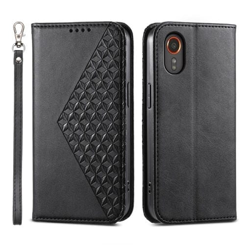 Funda para Teléfono Samsung Galaxy Xcover 7 Cuero Magnético Textura Becerro Rejilla Cúbica (Negro)