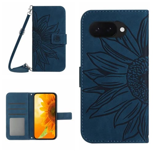 Funda de Cuero con Tapa y Cordón para Google Pixel 9A Diseño Girasol En Relieve (Azul Tinta)
