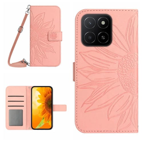 Funda de Cuero Honor X5B 4G y X5B Plus 4G con Diseño de Girasol y Cordón (Rosa)