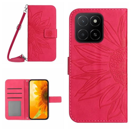 Funda de Cuero Honor X5B 4G y X5B Plus 4G con Diseño Girasol y Cordón (Rosa y Rojo)