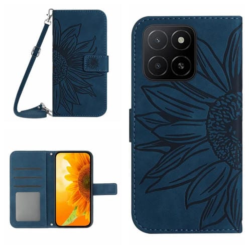 Funda de Cuero Honor X5B 4G y X5B Plus 4G con Diseño de Girasol y Cordón (Azul Tinta)