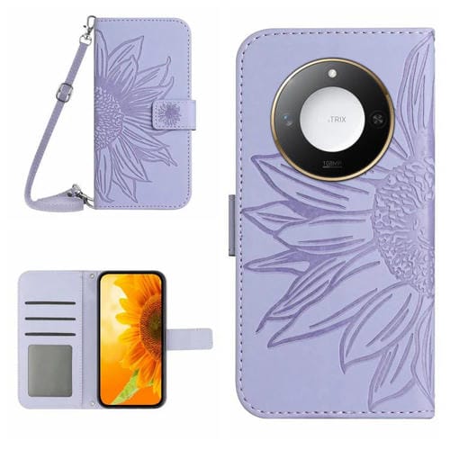 Funda de Cuero para Honor X9C con Diseño de Flores y Sol y Cordón (Morado)