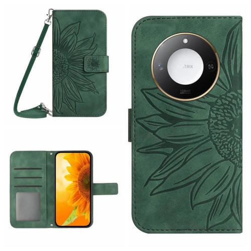 Funda de Cuero con Cordón y Diseño Flores de Sol para Honor X9C Smart Skin Feel (Verde)