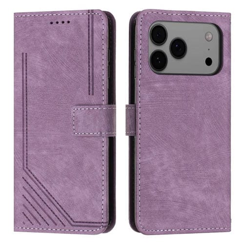 Funda de piel con estampado de rayas y cordón para iPhone 17 Pro Max (morado)