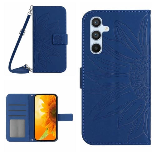 Funda de Cuero Samsung Galaxy A35 5G Skin Feel Sun Flower con Tapa En Relieve y Cordón (Azul Oscuro)