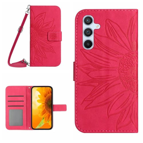 Funda para Teléfono Samsung Galaxy A55 5G Skin Feel Sun Flower Cuero con Tapa en Relieve y Cordón (Rojo Rosa)