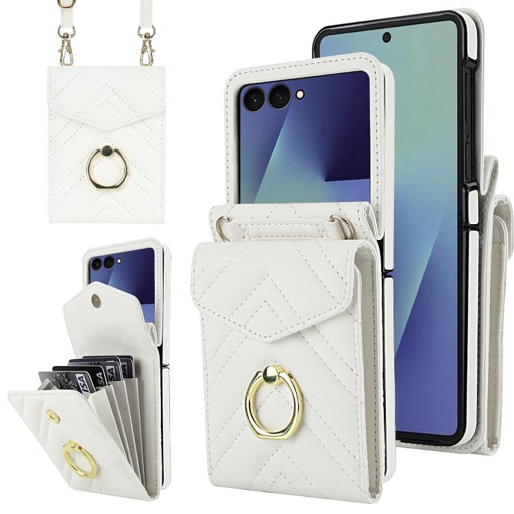 Funda para Samsung Galaxy Z Flip7 5G con ranura para tarjeta RFID en forma de V y soporte para anillo (blanca)
