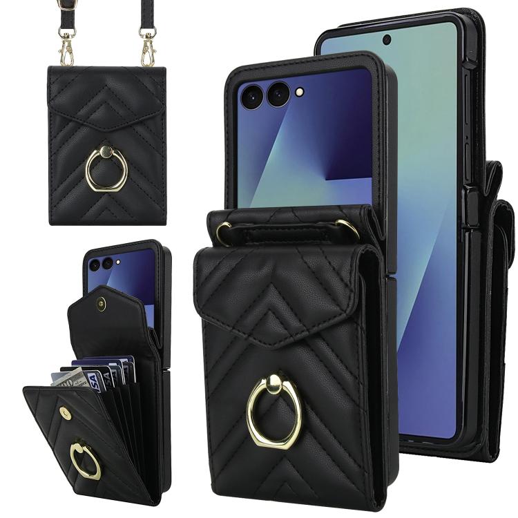 Funda para Samsung Galaxy Z Flip7 5G con ranura para tarjeta RFID en forma de V y soporte para anillo (negra)