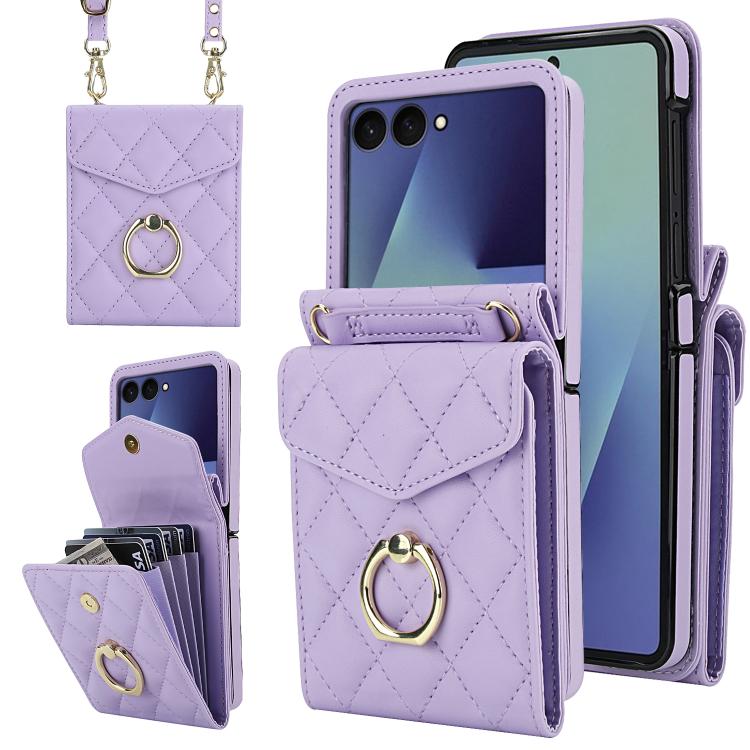 Funda para Samsung Galaxy Z Flip7 5G con ranura para tarjeta RFID y diseño de celosía de diamante, con soporte para anillo (morado)