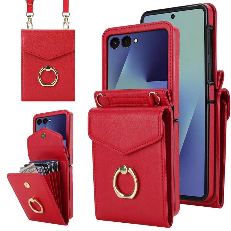 Funda para Samsung Galaxy Z Flip7 5G con ranura para tarjeta RFID y textura Litchi, con soporte para anillo (roja)