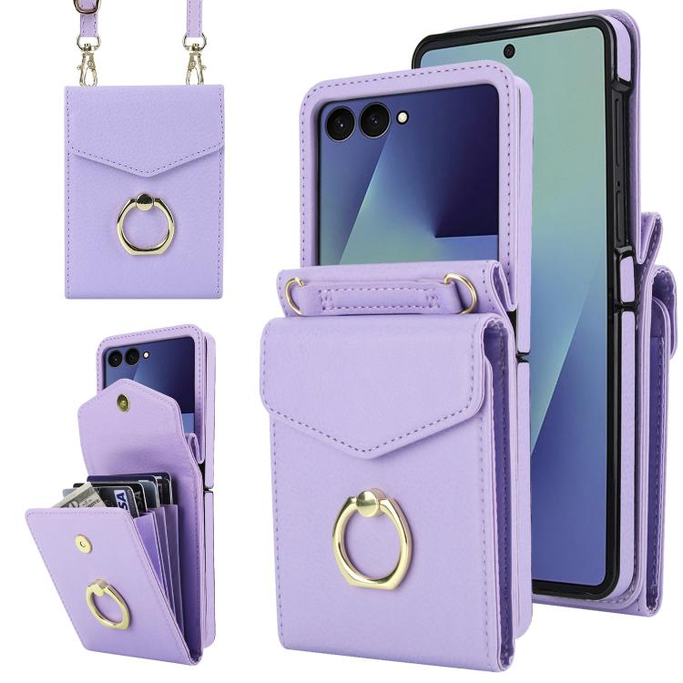Funda para Samsung Galaxy Z Flip7 5G con ranura para tarjeta RFID y textura Litchi, con soporte para anillo (morado)