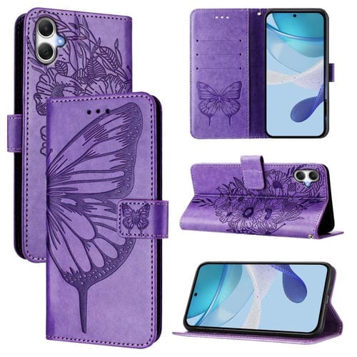 Funda de Cuero Samsung Galaxy A06 4G/5G Diseño Mariposa En Relieve (Morado)